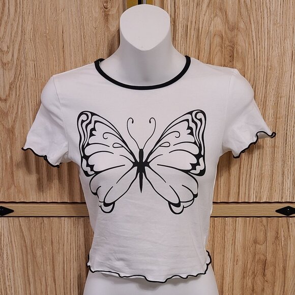 Y2K Ringer Tee with Bold Butterfly Graphic – Size Medium - Picture 1 of 10